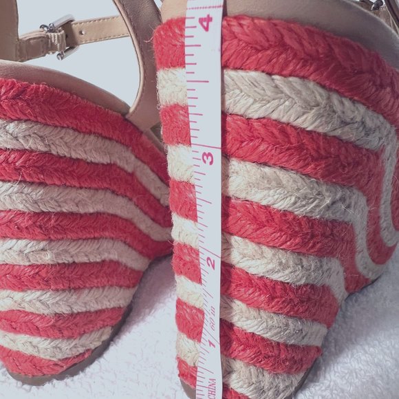 Via Spiga-Women's Wedge Straw Coral & Tan Leather Sandals-4" Heels-Sz. 7M-Unique - Picture 4 of 10